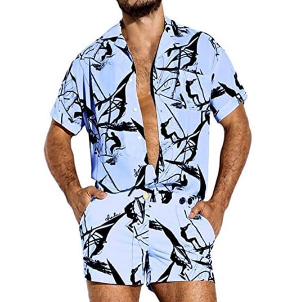 Avamo Casual Graphic One Piece Romper For Men Button Short Sleeve 