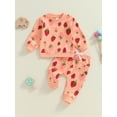 thumbnail image 3 of Yunliwuli Baby Girls 2-piece Outfit, Strawberry Print Long Sleeve Crew Neck Sweatshirt with Elastic Waist Sweatpants Fall Clothes, 3 of 9