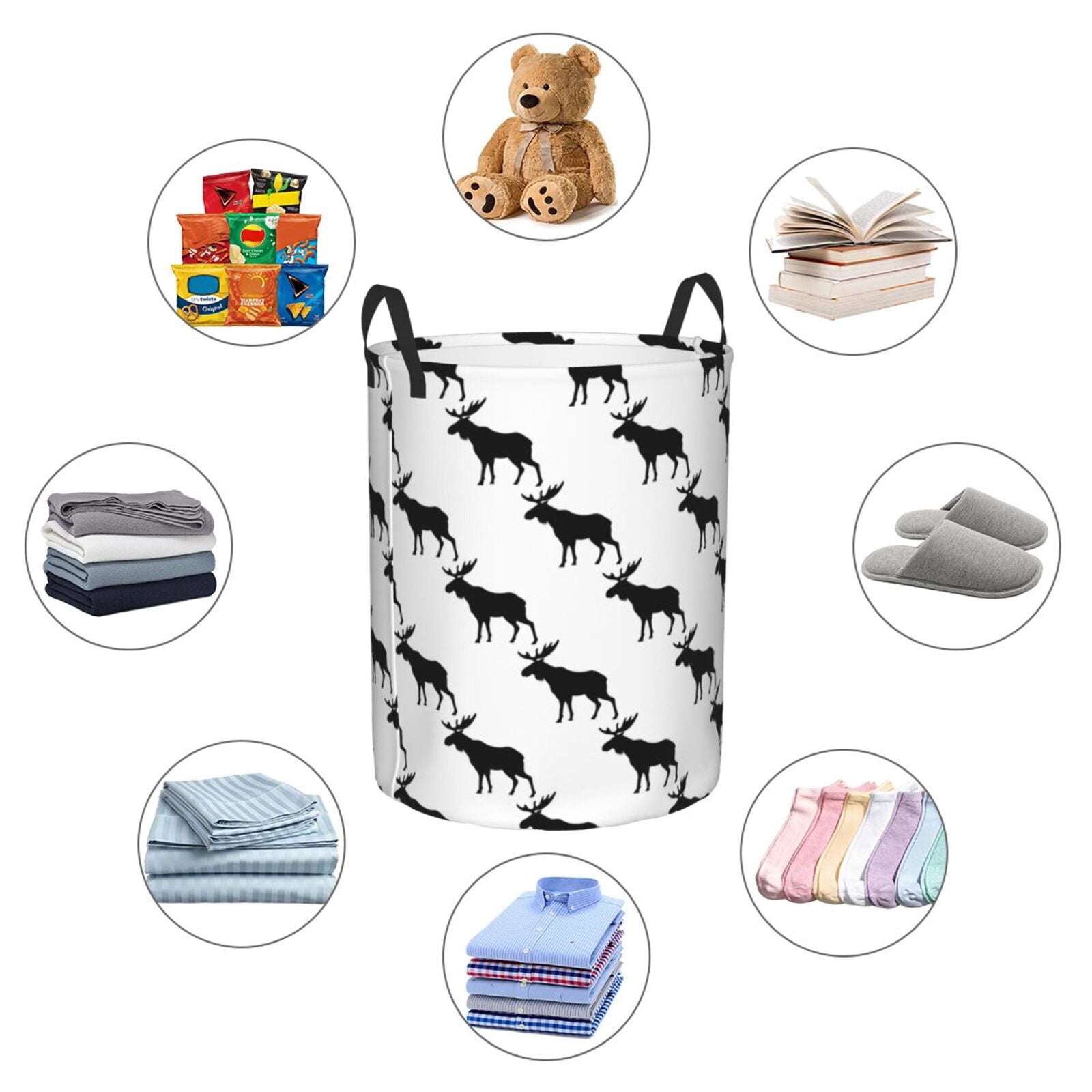 Large Laundry Basket with Handles - cool black Moose Elk white Kids Baby Dirty Clothes Laundry Hamper for Bedroom Aesthetic