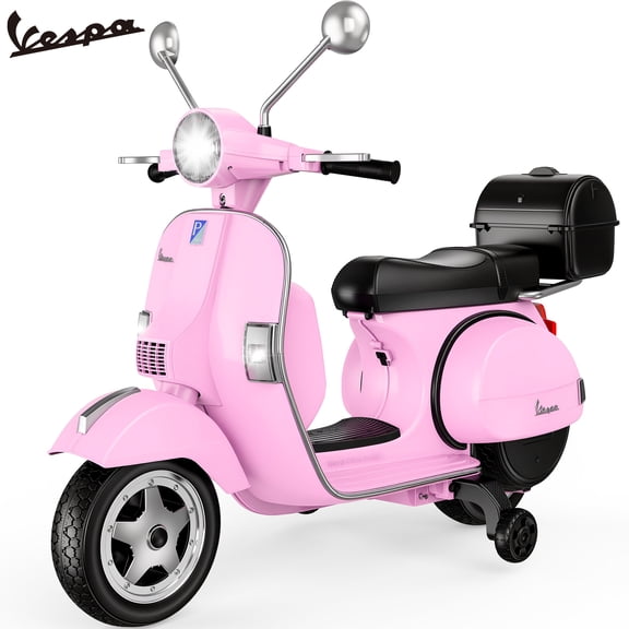 Vespa Officially Licensed 12V Kids Ride On Motorcycle, Dual 100W Motors Electric Scooter with Training Wheels, PU Seat, Storage Trunk, Music & LED Lights, Ages 3-6, Pink