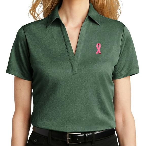 Women's Breast Cancer Awareness Pink Ribbon Patch No Button Polo Shirt, 2XL Green Glen Heather