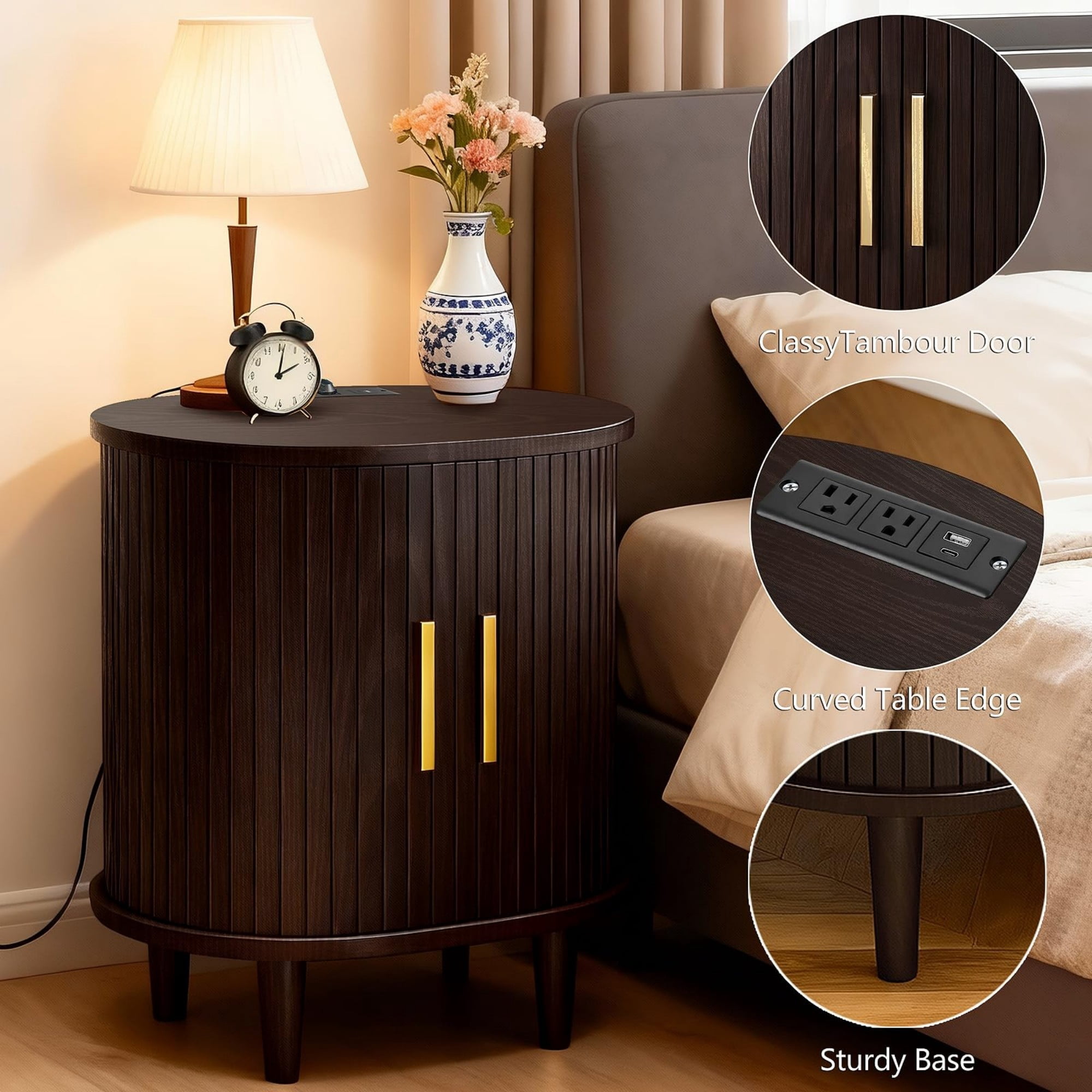 Mid Century Modern Nightstand with Charging Station, Fluted Side Table with Sliding Door & Adjustable Shelf, Coffee
