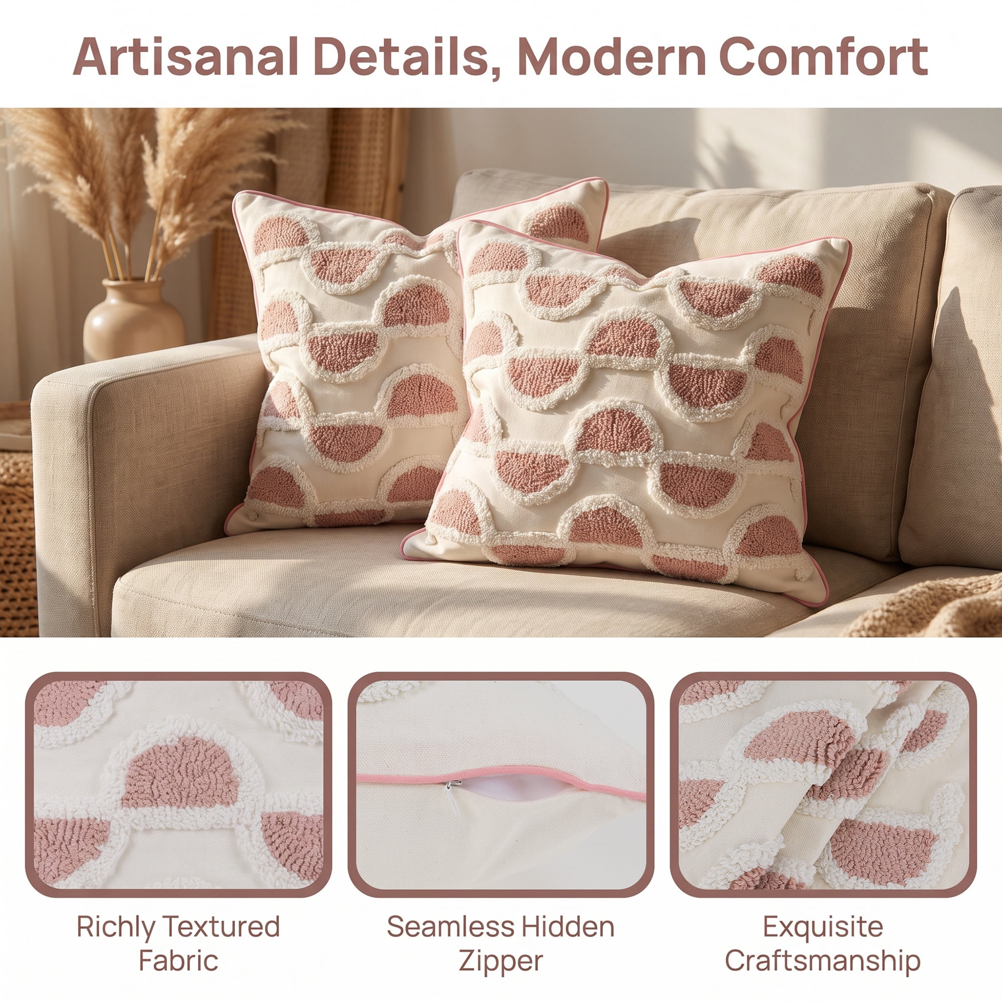 Unique Bargains Tufted Throw Pillow Cover Cushion Case for Home Pink Semicircle 18"x18"