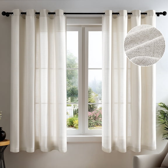ZOPZO Soft Linen-Texture Sheer Curtain, 52W x 63L Inch, Beige, No Tiebacks, Light Filtering Window Panel, Set of 2