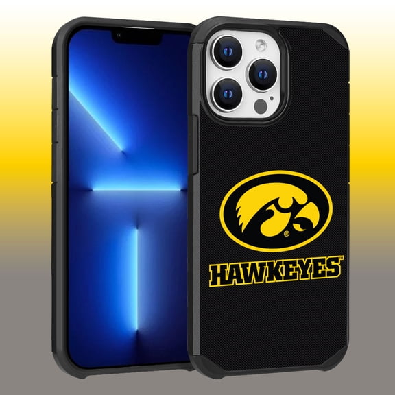 Apple iPhone 13 Pro Max (6.7) / 12 Pro Max (6.7) - Licensed NCAA University of Iowa Hawkeyesl logo on Black Textured Dual Layer Case