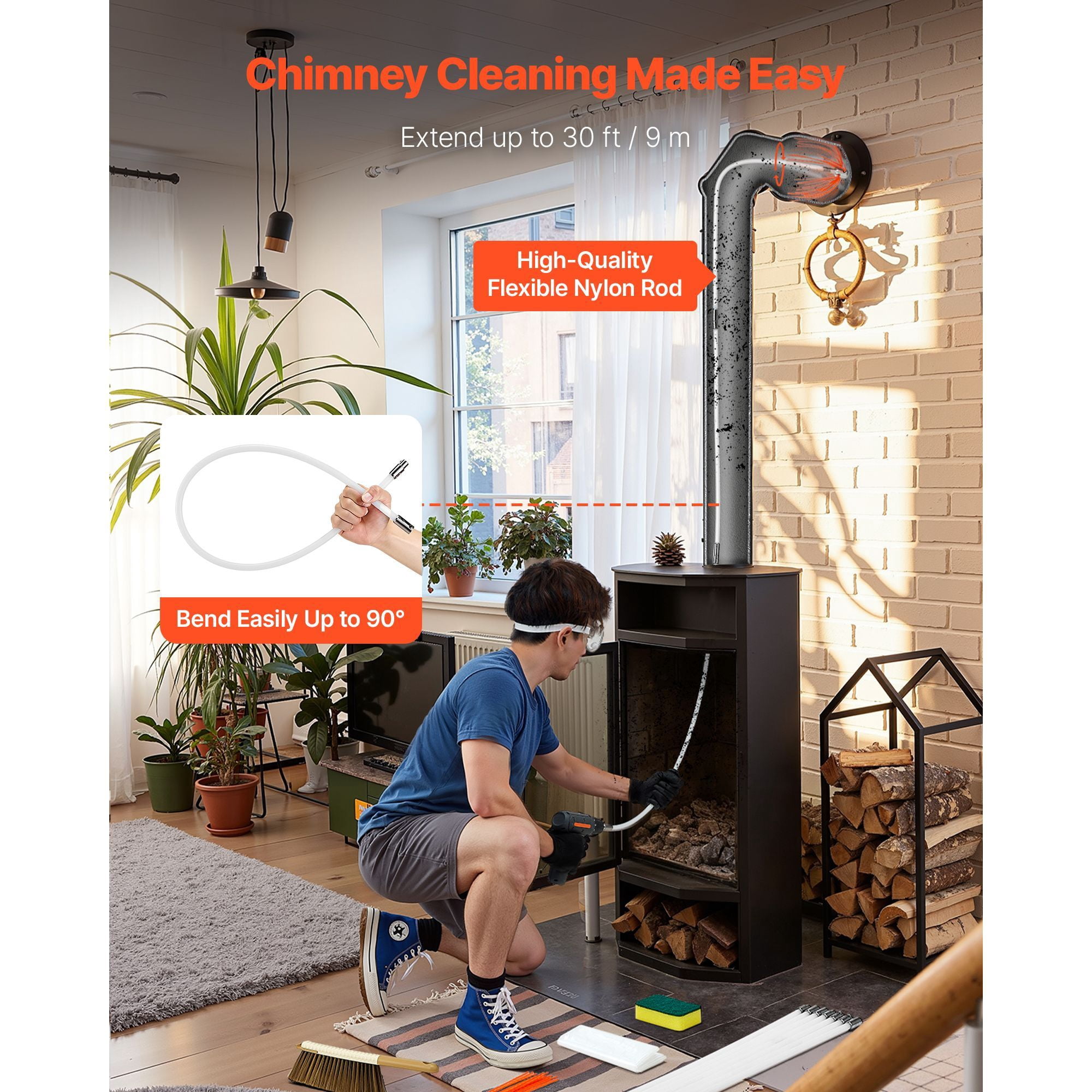 33ft Chimney Sweep Kit with Aluminum Alloy Brush Head, Bristle Replacements, Goggles, 90° Bendable Rod, for Square Rectangle Chimneys