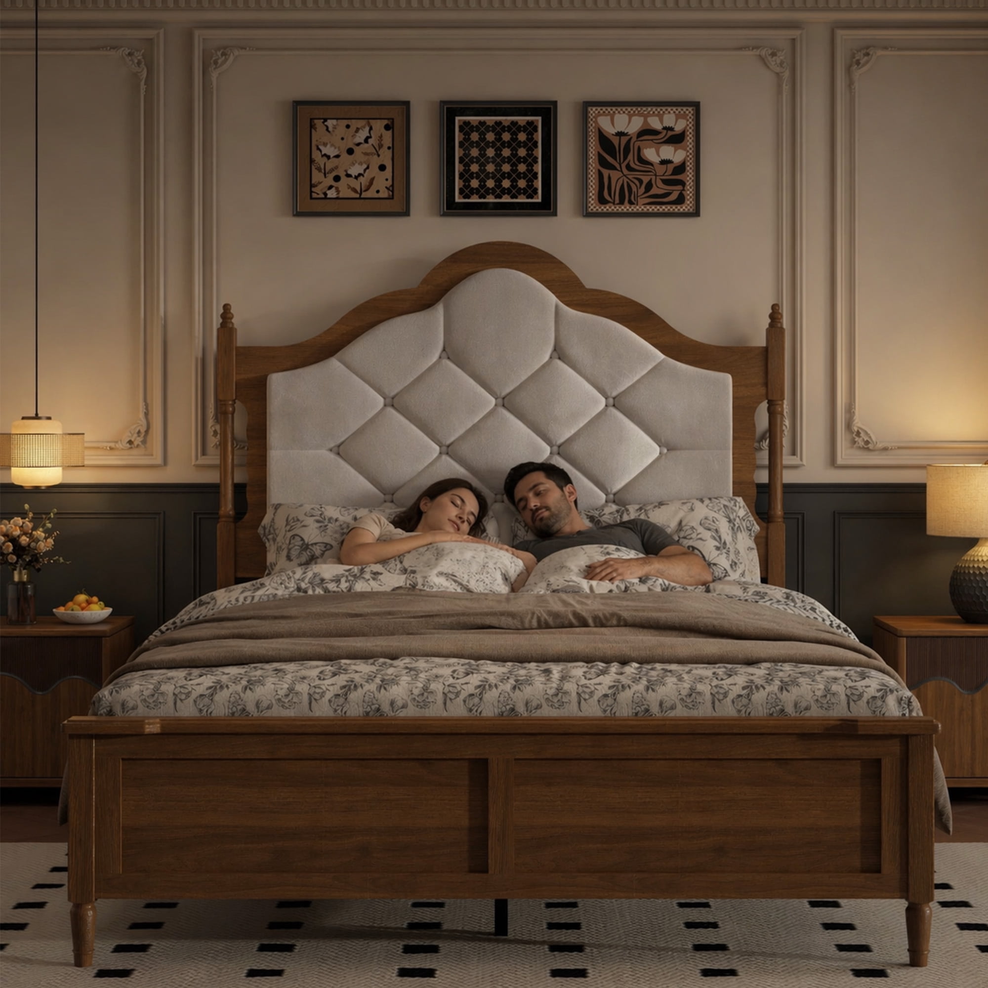 Mintazer Full Size Farmhouse Curved Platform Bed Frame with Upholstered Headboard for Guest Room Bedroom, No Box Spring Needed, Walnut Brown