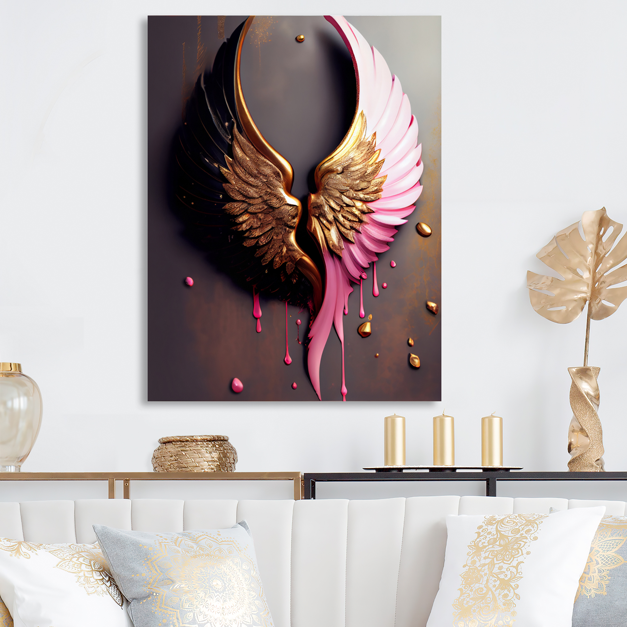 Designart Pink,Gold And Black Angel Wings II Canvas Wall Art