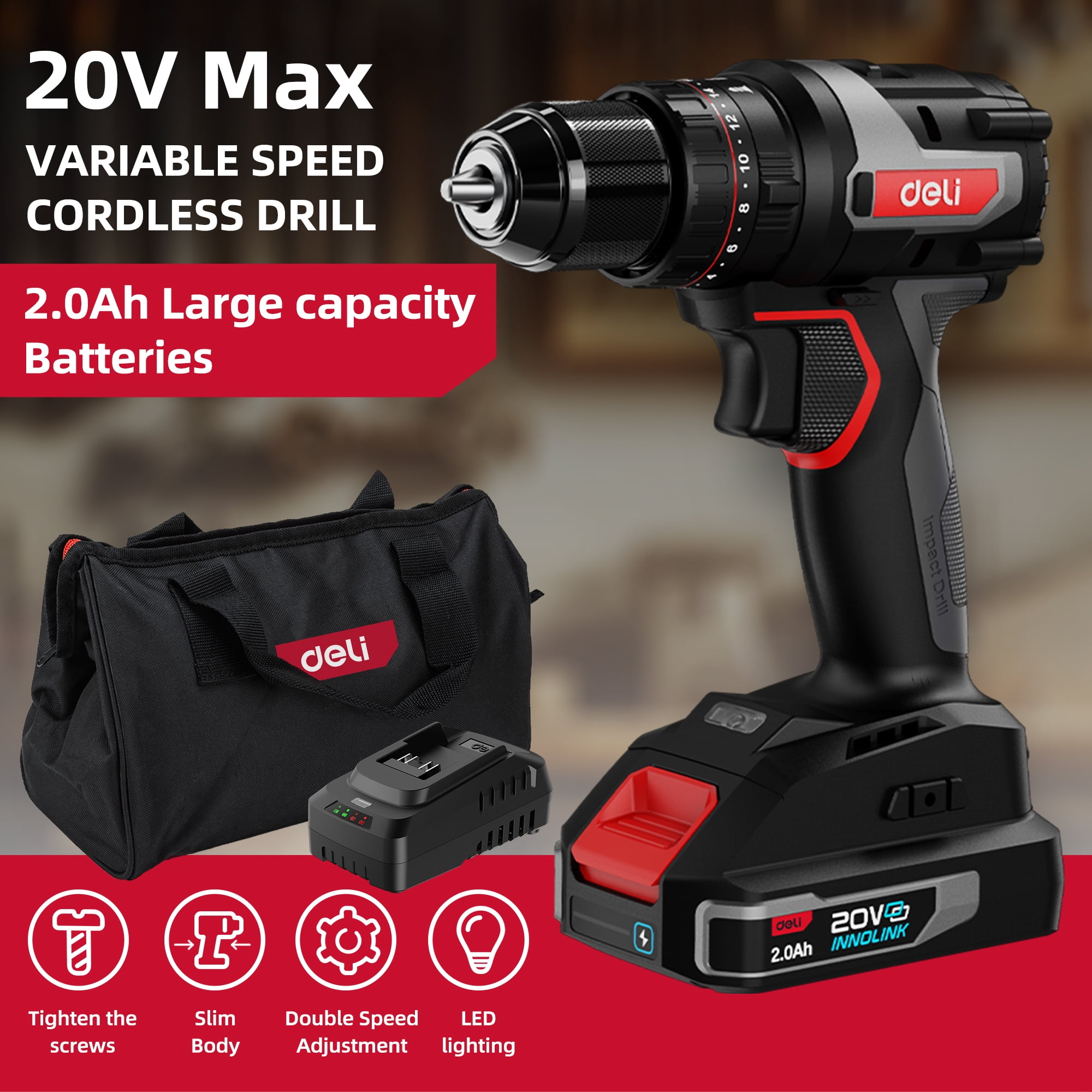 Deli 20V MAX Cordless Impact Drill/Driver Kit,3/8-Inch 50 Nm Power Drill Set , 2.0 Ah Lithium-Ion Battery,Charger and Storage Bag included