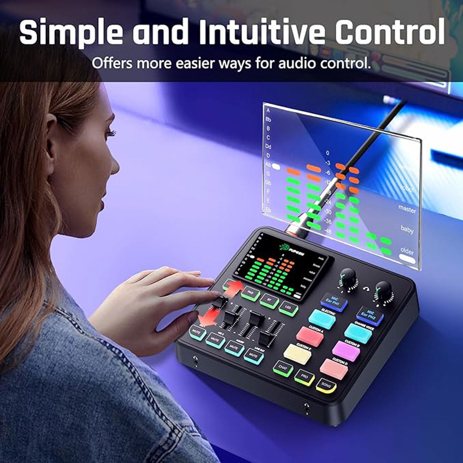 Gaming Audio Mixer, 4 Channel Pc Audio Interface, ABS Sound Card with 1/4 Inch Trs Port, Preamplifier, Noise Reduction, Rgb, Voice Changer, Bluetooth, for Streaming Podcast Gaming