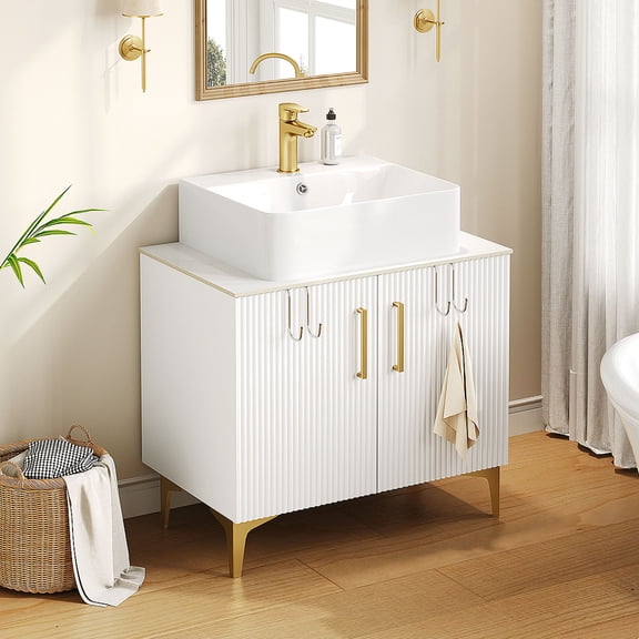 Uforic 30 Inch Bathroom Vanity with Countertop Sink Combo, Modern Bathroom Storage Cabinet with Drain, White and Gold