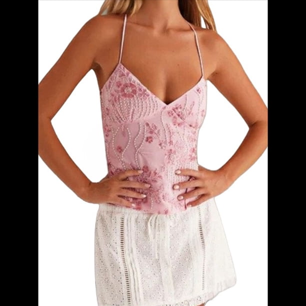 Camisola Sin Mangas con Cuello en V, Lentejuelas y Diamantes de Imitación Brillantes para Mujer, Top Corto de Verano con Espalda Abierta para Fiesta y Club Rosa L