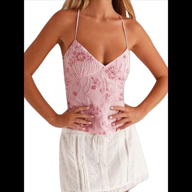 Camisola Sin Mangas con Cuello en V, Lentejuelas y Diamantes de Imitación Brillantes para Mujer, Top Corto de Verano con Espalda Abierta para Fiesta y Club Rosa S