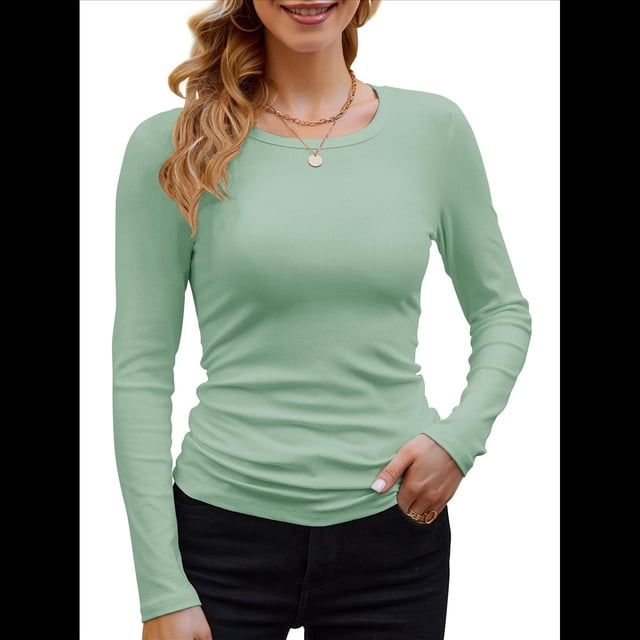 Camisetas Básicas Ajustadas Informales de Cuello Redondo y Larga Acanaladas para Mujer Verde XL