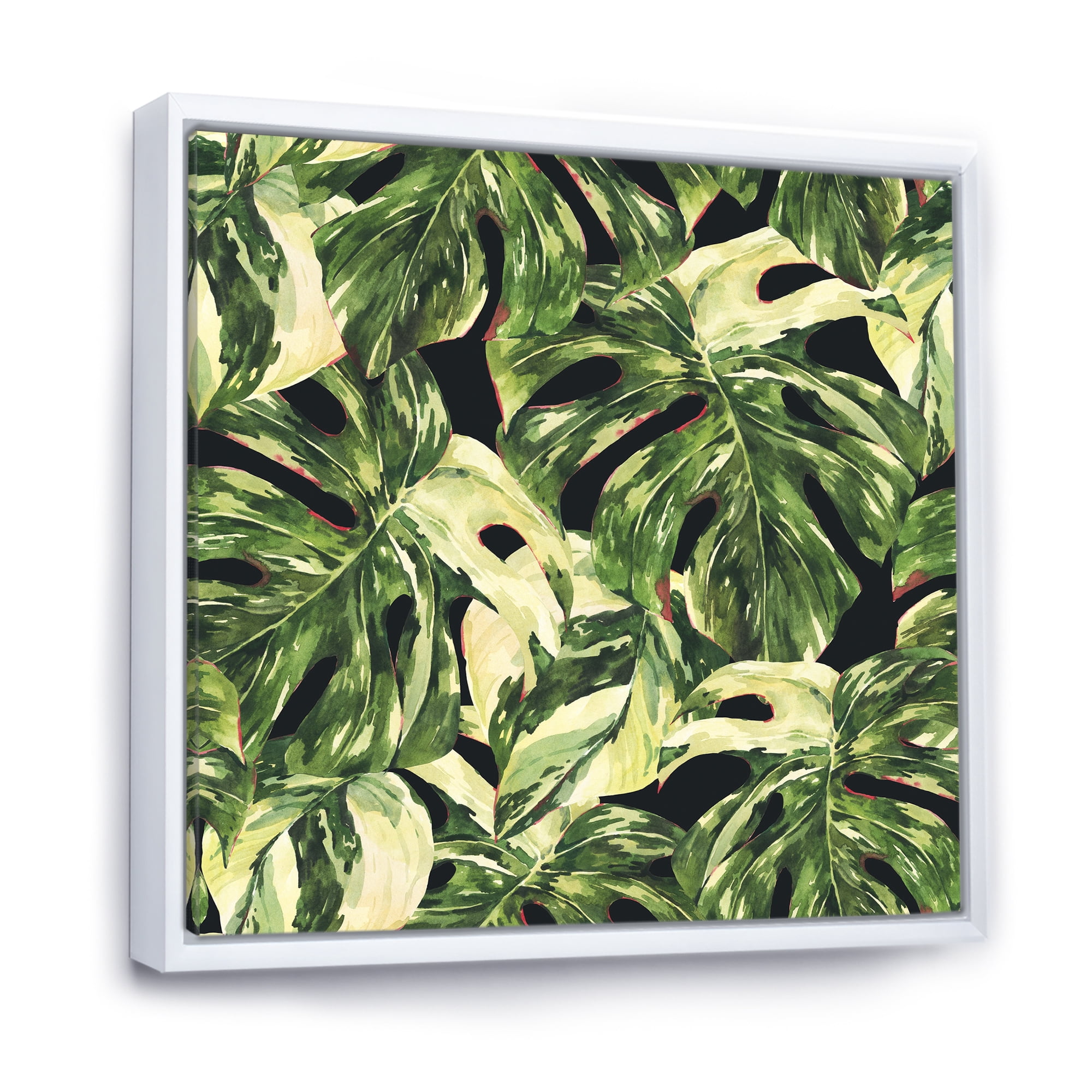 Designart 'Natural Green Leaves Exotic On Dark II' Tropical Framed Canvas Wall Art Print