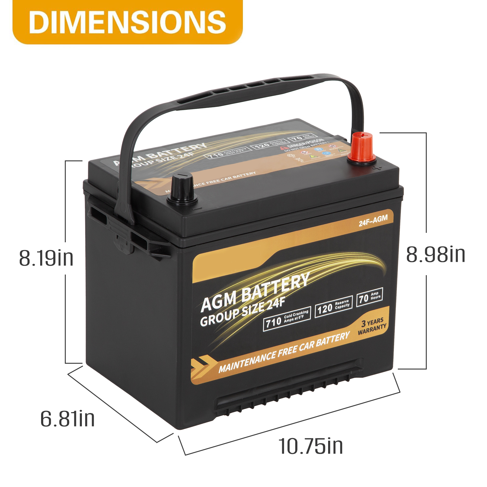 Weize Platinum AGM 12V Automotive Battery, Group 24F, 710 CCA Top Post for Car