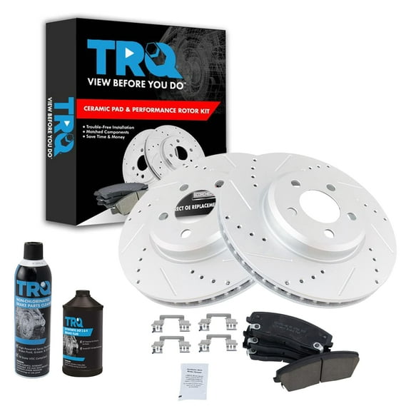 TRQ Front Performance Drilled & Slotted Brake Rotor Ceramic Pad Kit w/Chemicals BKA16477