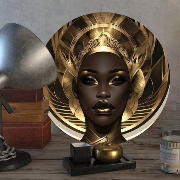 HELLOYOUNG Vintage African Woman Metal Tin Sign 8x8 Inch Wall Art with Wreath, Farmhouse Home Decor for Living Room Bedroom Black Woman Round Tin Sign