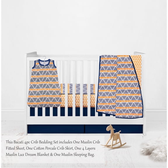 Bacati - Triangles Aqua/Orange/Navy Boys Muslin Crib Bedding Set