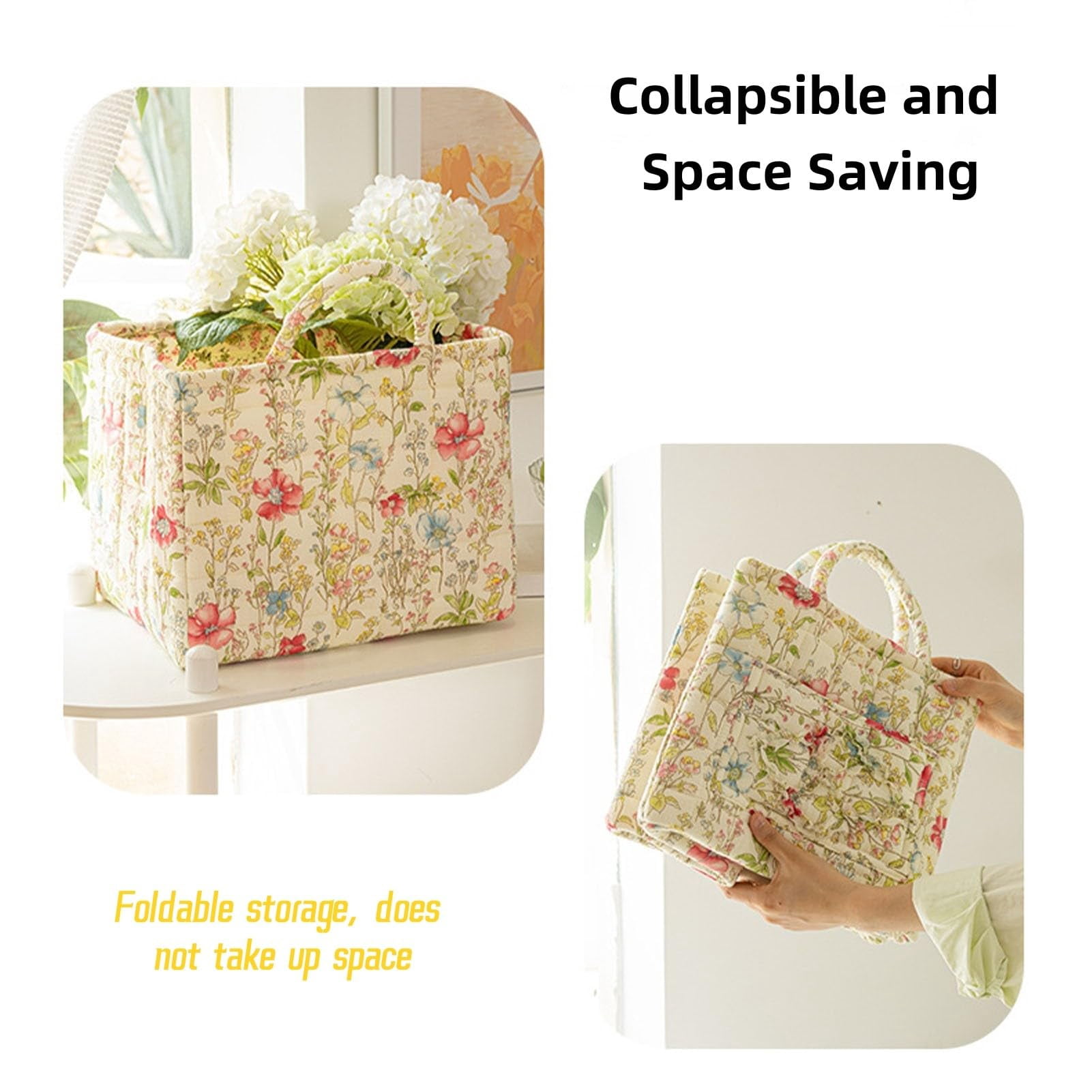Guilted Basket - Quilted Storage Basket, Floral Foldable Storage Basket Car, Quilted Easter Basket with Easy-Carry Handles Large