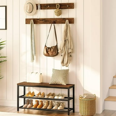 Industrial Entryway Coat Rack Shoe Bench Set: Rustic Brown Mud Room Organizer for Foyer, Front Door