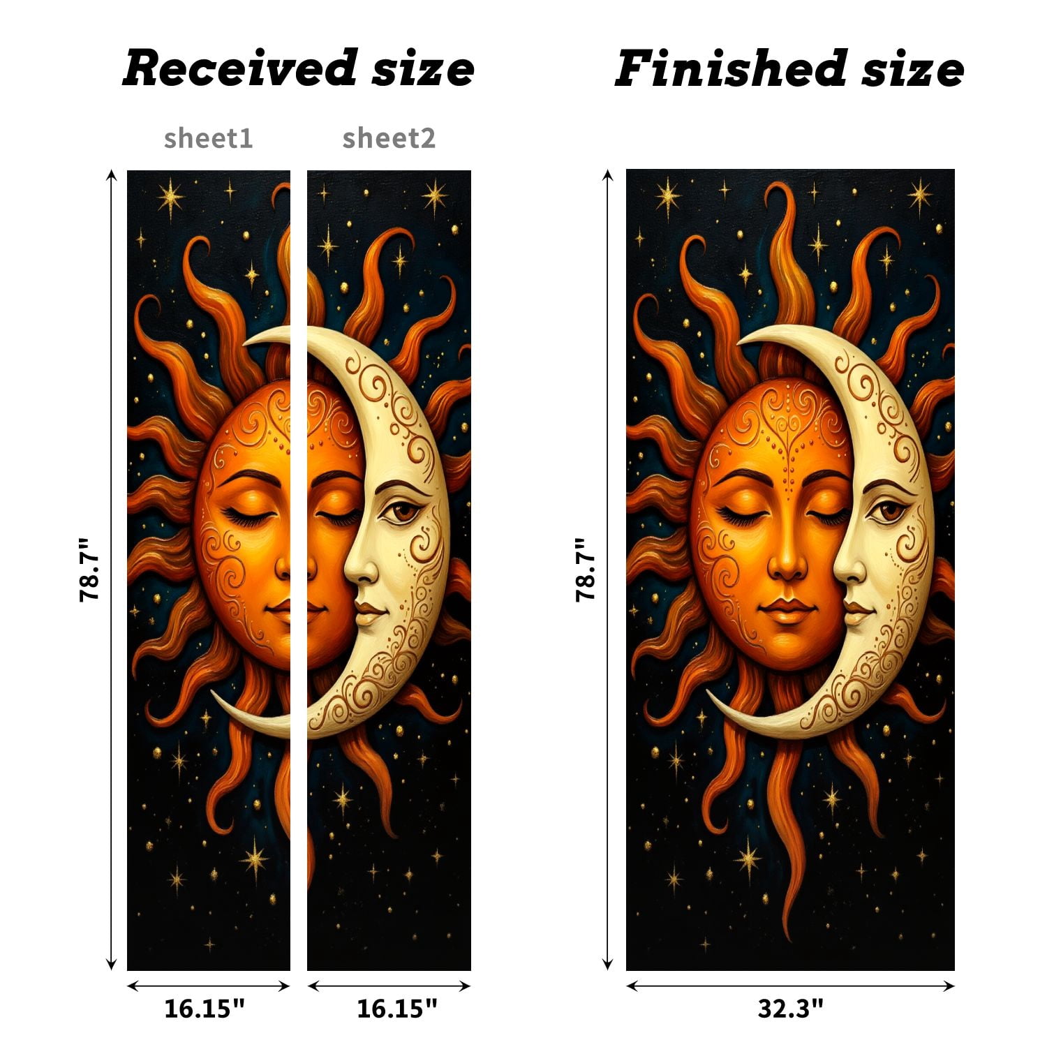 Self Adhesive Vinyl Refrigerator Wrap Set Sun Moon Fantasy Vibrant Orange Sun Detailed Crescent Moon Door Mural Removable Fridge Sticker Peel and Stick&nbsp;Full Door Cover Decal Kitchen Bar Decor
