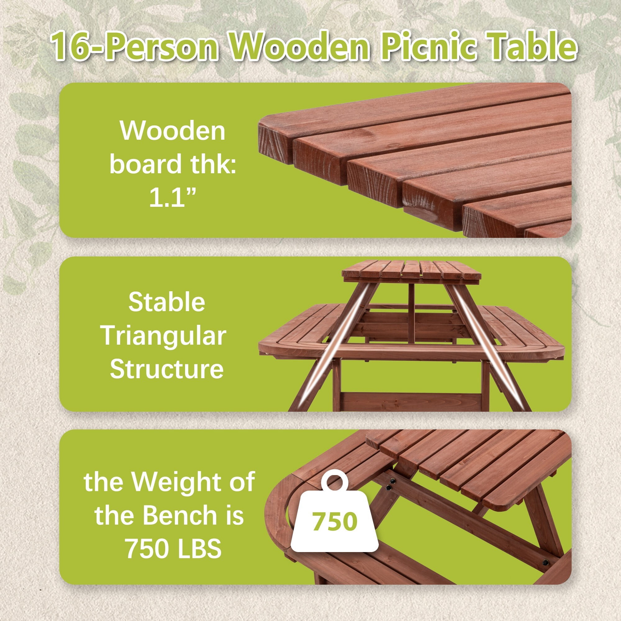 DEALTOPS 8ft Class Extra Long Picnic Table Seats 14-16, Heavy Duty Wooden Outdoor Party Dining Set for Patio