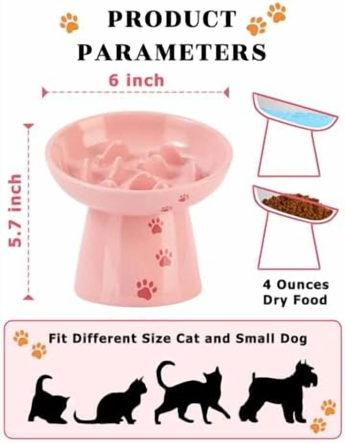 6 Inch Slow Feeder Bowl, Elevated Dog & Cat Bowl, Ceramic, Anti Vomiting, Pink