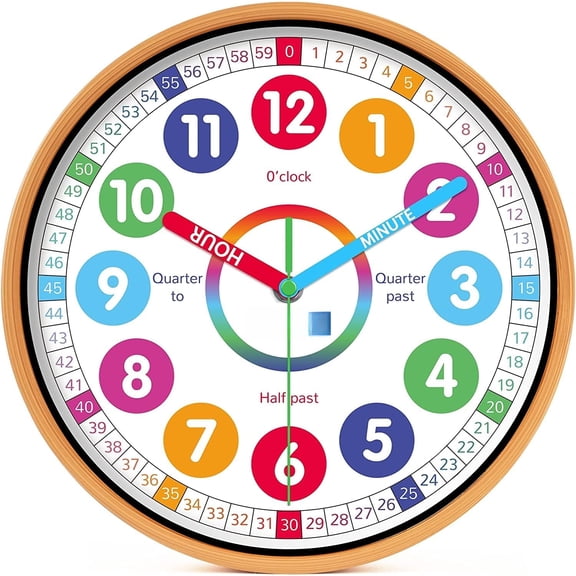 Kids Wall Clock for Bedroom, 10 Inch Round Multi-Colored Learning Clock, Children's Silent Analog Non-Ticking Educational Wall Clock for Boys and Girls Home Decor