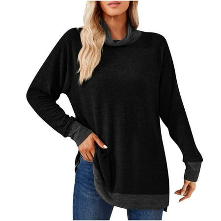 

AOOCHASLIY Clearance Trendy Women Tops Women Stand Neck Loose Long Sleeve Fashion Contrast Split Tee Tops