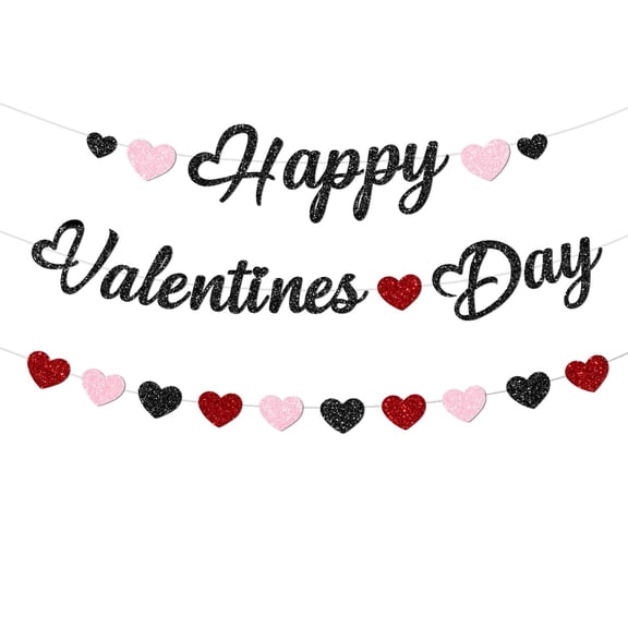 Glitter Happy Valentines Day Decorations Banner Red and Black Glittery Heart Valentine’s Day Garland Banner for Black Happy Valentine’s Day Party Valentines Wedding Anniversary Party Supplies