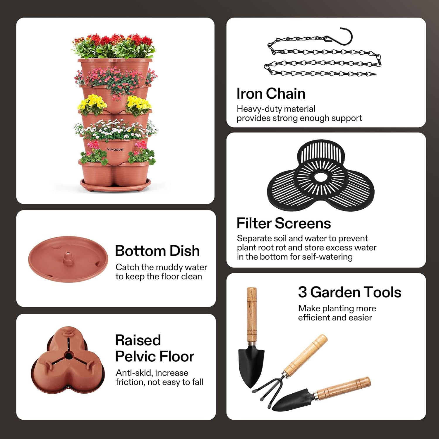 VIVOSUN 2-Pack 5 Tier Vertical Gardening Stackable Planter for Strawberries, Flowers, Herbs, Vegetables Brown