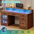 thumbnail image 4 of 60'' Farmhouse Executive Desk with Drawers, Computer Desk with Power Outlet and LED Lights for Home, Office, Brown, 4 of 8