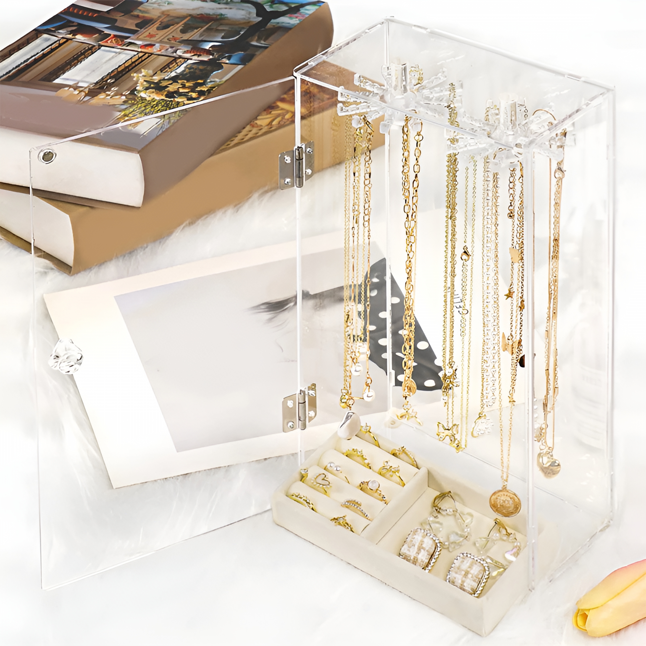 XIBUFE 2026 New Earnings Organizers Acrylic Necklace Display Stand Desktop Jewelry Organizer Box with Door Bracelet Storage Rack for Home,Vanity,Store Jewelry Display