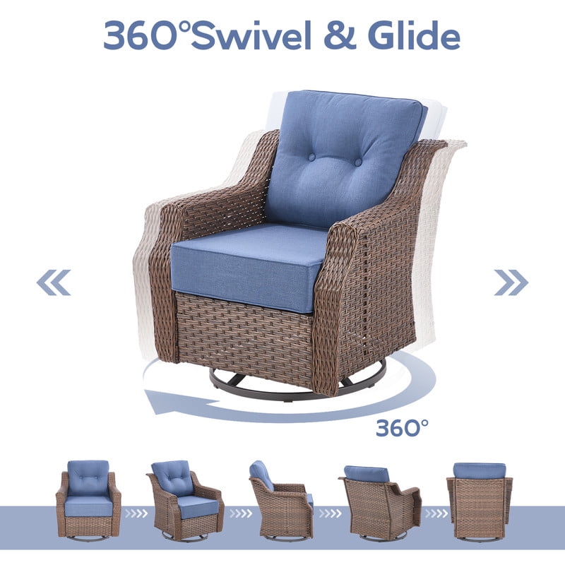 PARKWELL 3-Piece Outdoor Swivel Rocker Chair with Side Table,All-Weather Rattan Swivel Glider Rocking Lounge Chair,Patio Bistro Set for Porch Deck Backyard,Brown/Navy