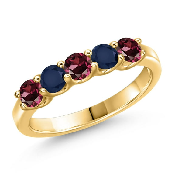 Gem Stone King 18K Yellow Gold Plated Silver Red Rhodolite Garnet and Blue Sapphire Wedding-Bands Ring for Women | 1.10 Cttw | Round 3.5MM | Gemstone January Birthstone | Size 6
