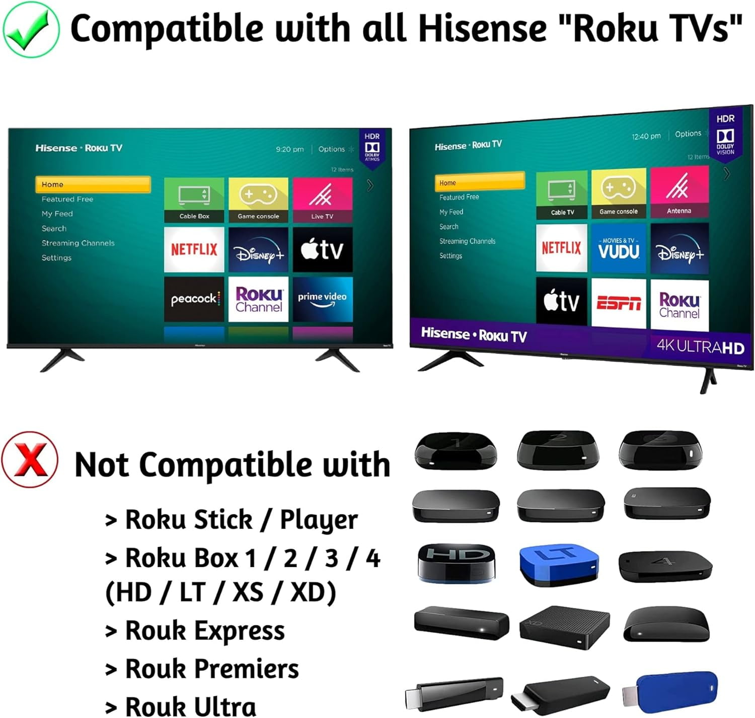 OEM Replacement Remote Control Compatible with All Hisense Roku TV Smart 4K Ultra HDTV 【Only Works with Hisense Roku TV, Not for Roku Stick and Roku Box】 (Netflix/Apple TV+ / Paramount+/ HBO Max)