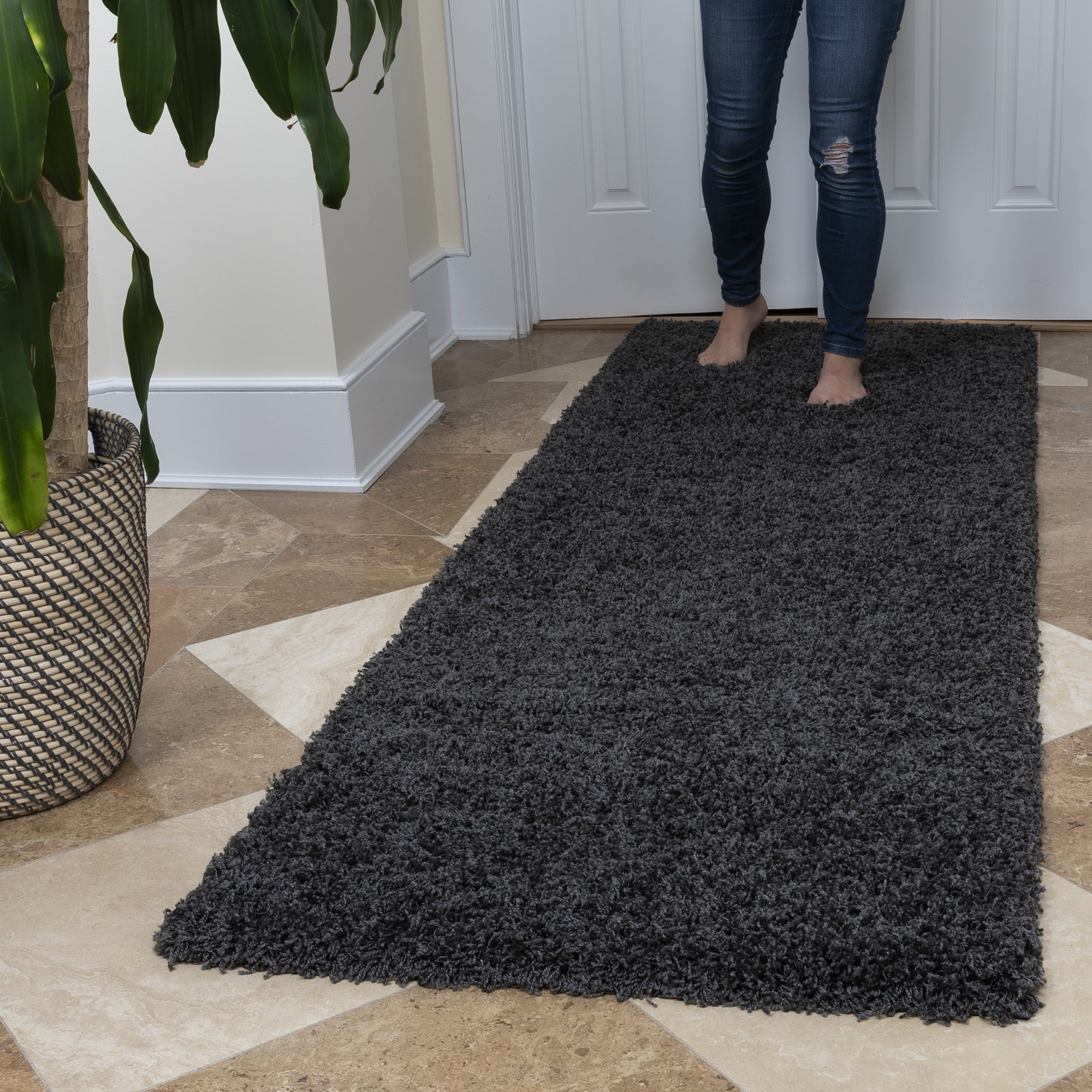 Ottomanson Ultimate Shaggy Contemporary Solid Runner Rug, Dark Gray, 2