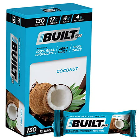 Built Bar 12 Pack High Protein and Energy Bars - Low Carb Low Calorie Low Sugar - Covered in 100% Real Chocolate - Delicious Healthy Snack - Gluten Free (Coconut)