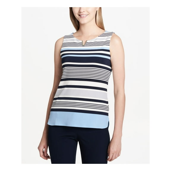 CALVIN KLEIN $49 Womens New 1033 Blue Striped Notched Neck Sleeveless Top XL B B