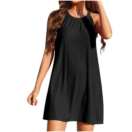 Halter Eyelet Mini Dress for Women Summer Crochet Bikini Swimsuit Cover Up Sleeveless Long Tops Solid Color (XL  Black)