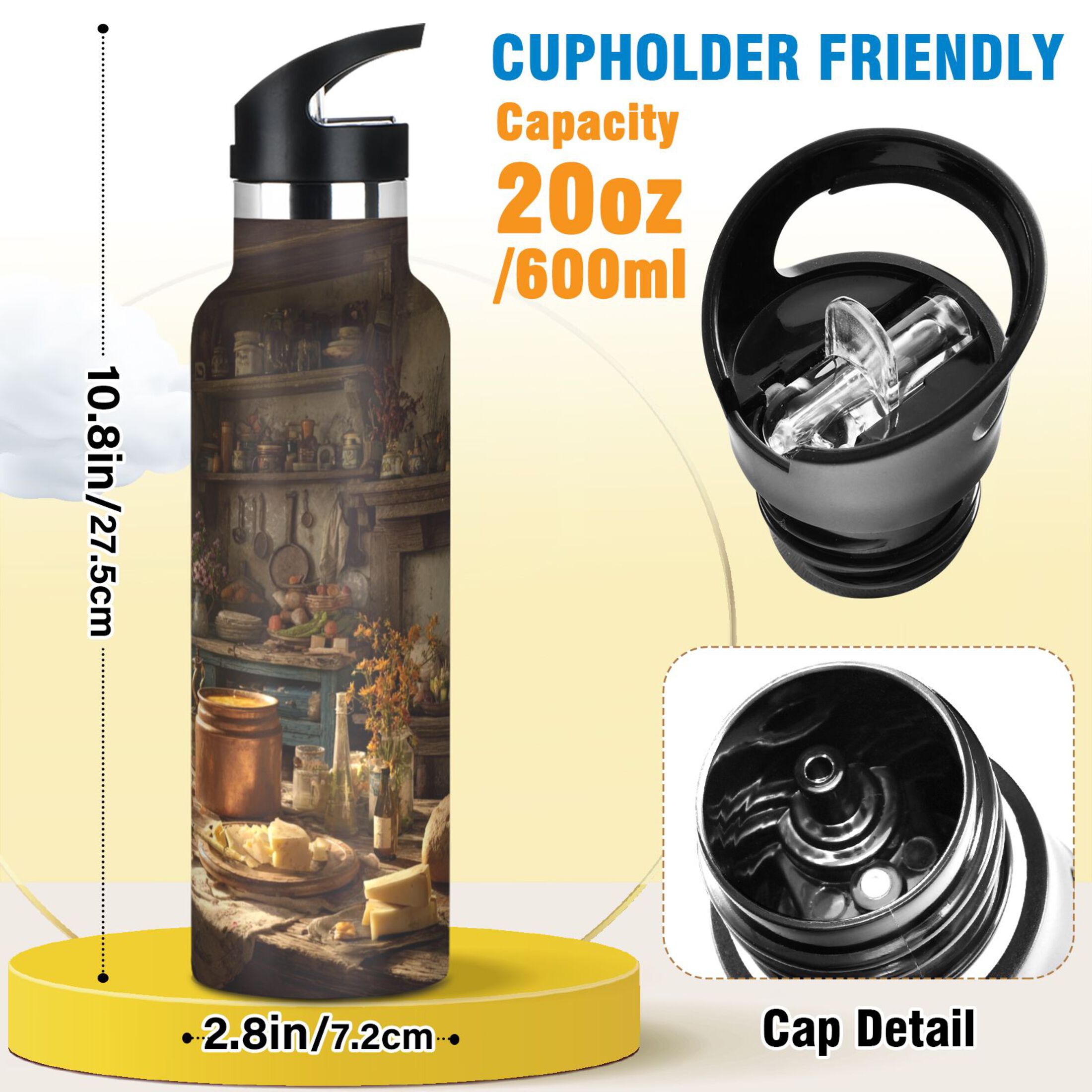 Kids Insulated Stainless Steel Sports Water Bottle 600ml (20oz) Vintage Kitchen Scene