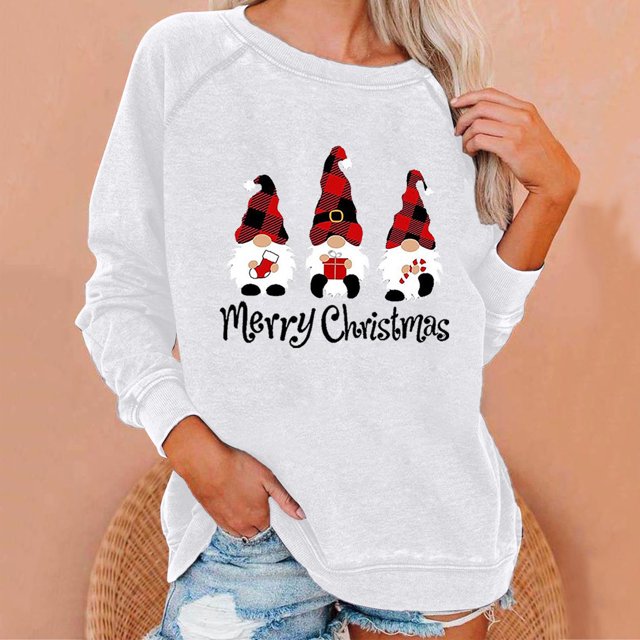 Meichang Hauts de Noël pour Femmes Gnomes de Noël Famille Chemise Raglan Graphique Vacances Manches Longues Col Rond Pull Chandails en Molleton Blouses Lavées Usées