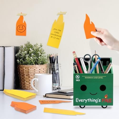 Dumpster Fire Pencil Holder with 100 Pcs Flame Note Cards, Funny Office Desk Accessories Decor, Great Gifts for Coworkers Teacher - Green (Already Assembled)