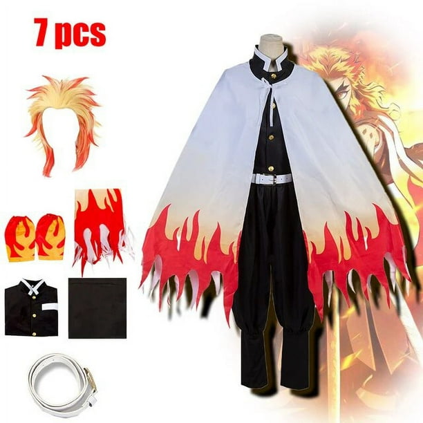 Rengoku-Disfraz de Demon Slayer, Cosplay de Anime, Kimetsu No Yaiba, Kimono, peluca Haori, anillo, traje de Halloween