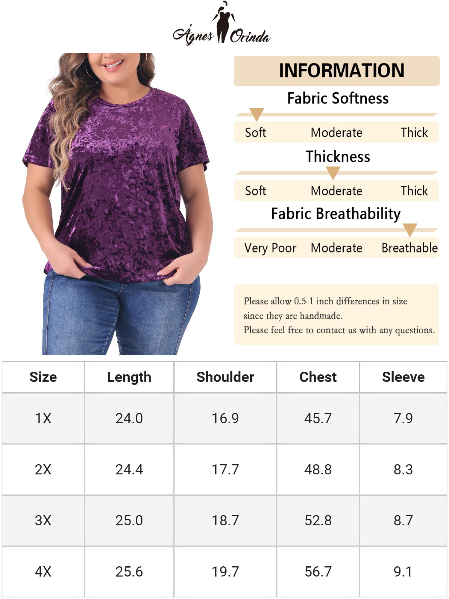 DARING DIVA Women's Plus Crew Neck Short Sleeve Tee Tops Velvet T-Shirt 1X Purple