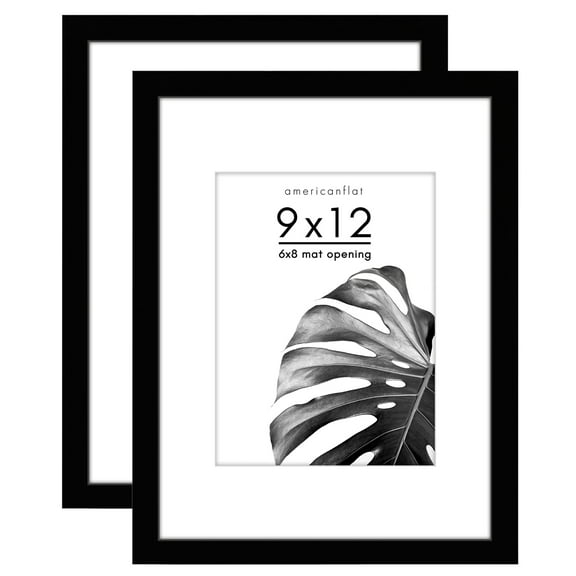 Americanflat 9x12 Picture Frame with Shatter-Resistant Glass with 6x8 Mat 2 Pack Display Photo Frames - Black
