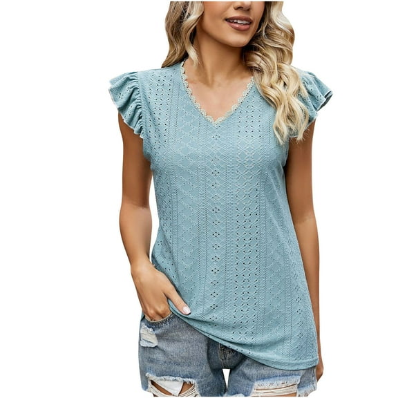 Fesfesfes V Neck T Shirts for Women Fashion Womens Casual Solid Color V Neck Ruffled Short Sleeve Tops Loose Blouses Workout Short Sleeve Tops for Women 10(XL)
