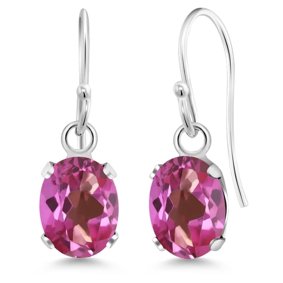 Gem Stone King 925 Sterling Silver Pink Mystic Topaz French Wire Dangle Hook Earrings for Women (1.90 Cttw, Gemstone Birthstone, Oval 7X5MM)