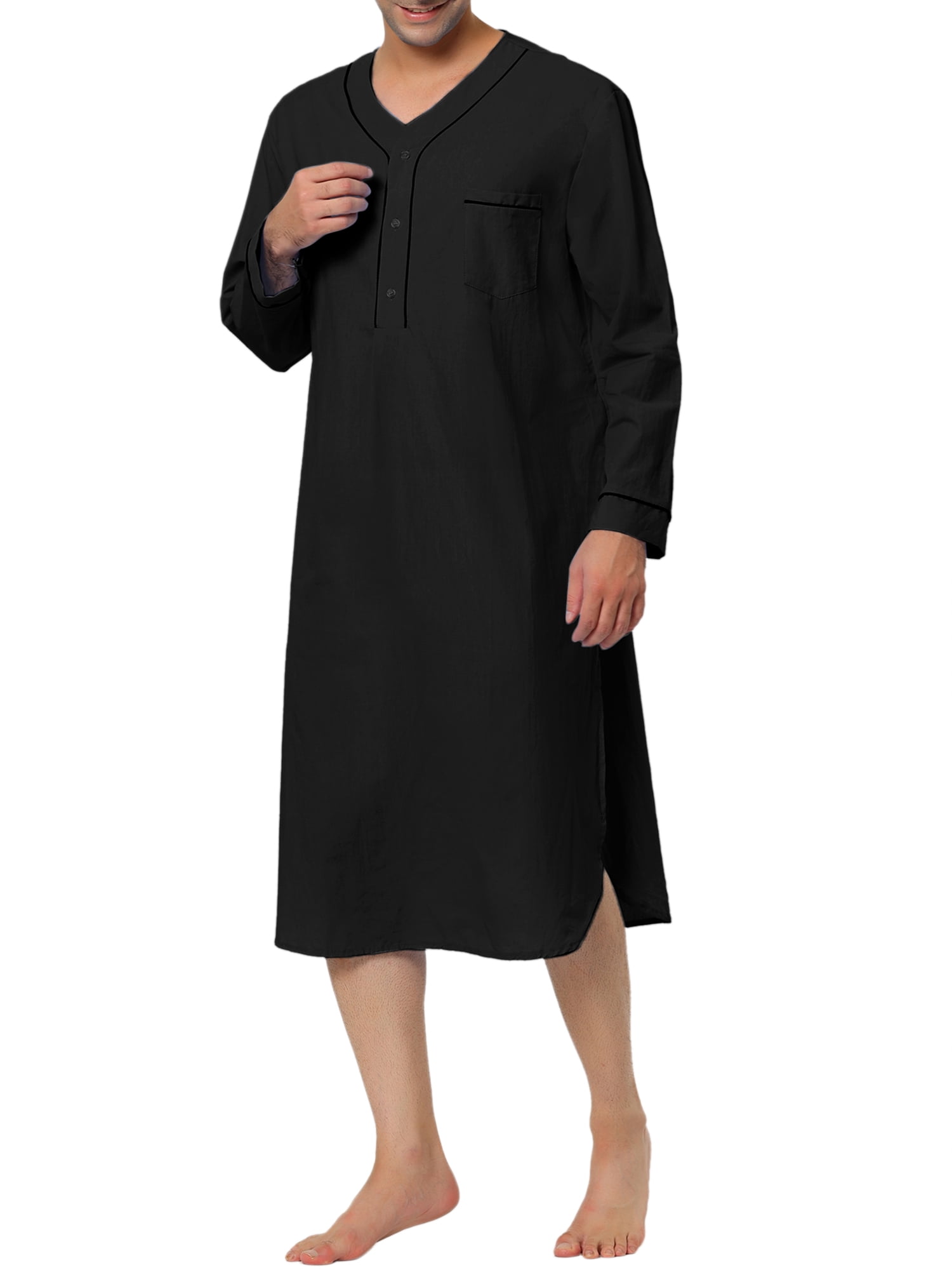 Unique Bargains Men's Nightshirt Cotton Sleep Shirt Long Sleeve Nightgown Sleepwear M Black